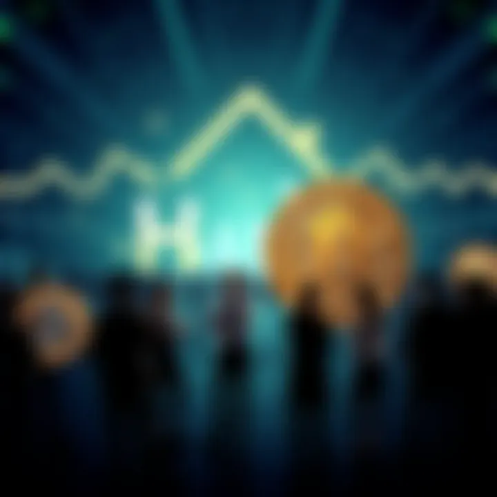 A graphic showing Hedera and Bitcoin symbols with people discussing their investments in the background