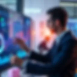 A business professional analyzing graphs and charts on a digital screen, representing Hedera's DLT technology adoption in enterprise solutions, with Accenture branding in the background.