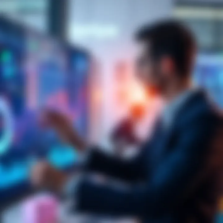A business professional analyzing graphs and charts on a digital screen, representing Hedera's DLT technology adoption in enterprise solutions, with Accenture branding in the background.