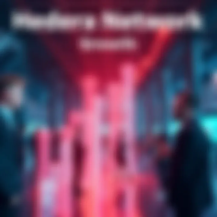 A visual representation of positive developments in the Hedera network, featuring upward arrows and engaged people discussing opportunities.