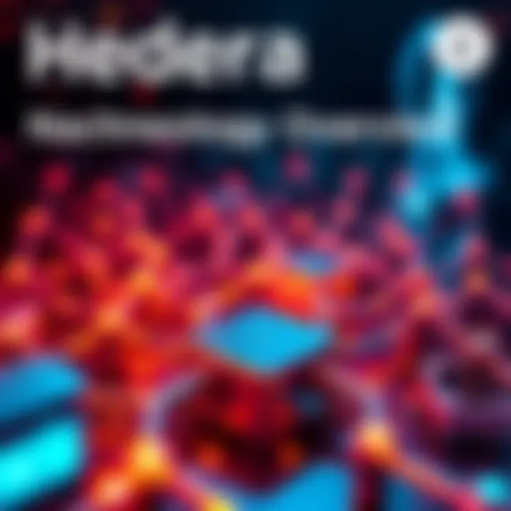 A visual representation of Hedera's technology with interconnected blockchain nodes and graphics showing innovation