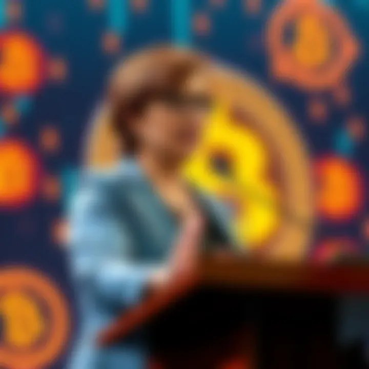 Hester Peirce speaking at a podium advocating for cryptocurrency regulations, with a backdrop of digital currency symbols