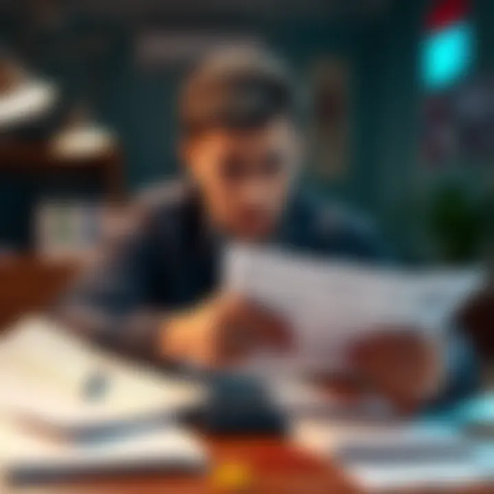 A person looking worried while reviewing loan documents and bills on a table, symbolizing the stress of high-interest loans and debt.