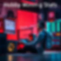 A hobby miner sits at their setup, checking daily mining stats on a computer screen, with excitement for a 1.45 trillion block goal