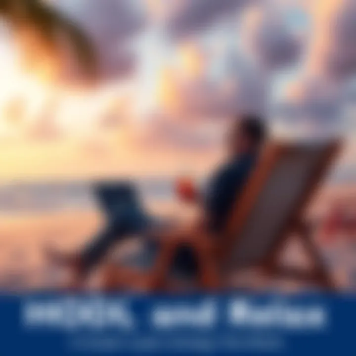 A calm person sitting on a beach chair with a laptop, looking at cryptocurrency charts while holding a drink, symbolizing a relaxed investment approach.