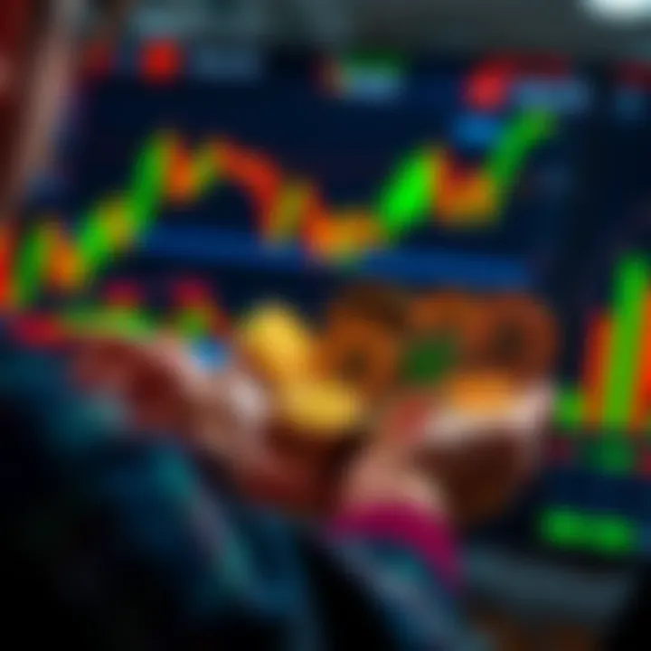 A visual representation of the HODL strategy with a person holding various cryptocurrency coins while ignoring market charts on a screen, symbolizing long-term holding during market fluctuations.