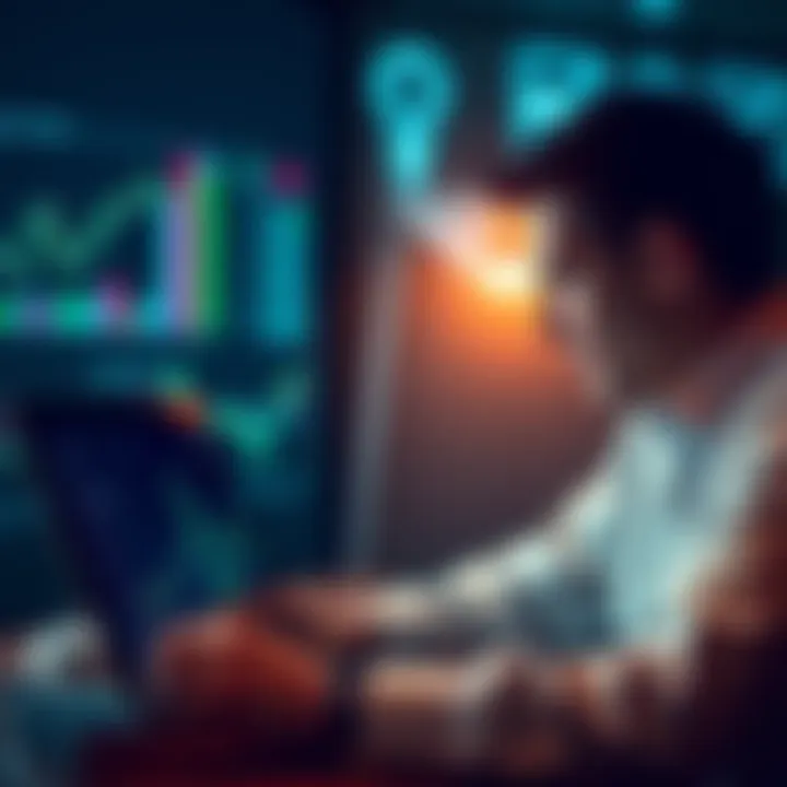 A person contemplating financial decisions while looking at charts and graphs on a laptop