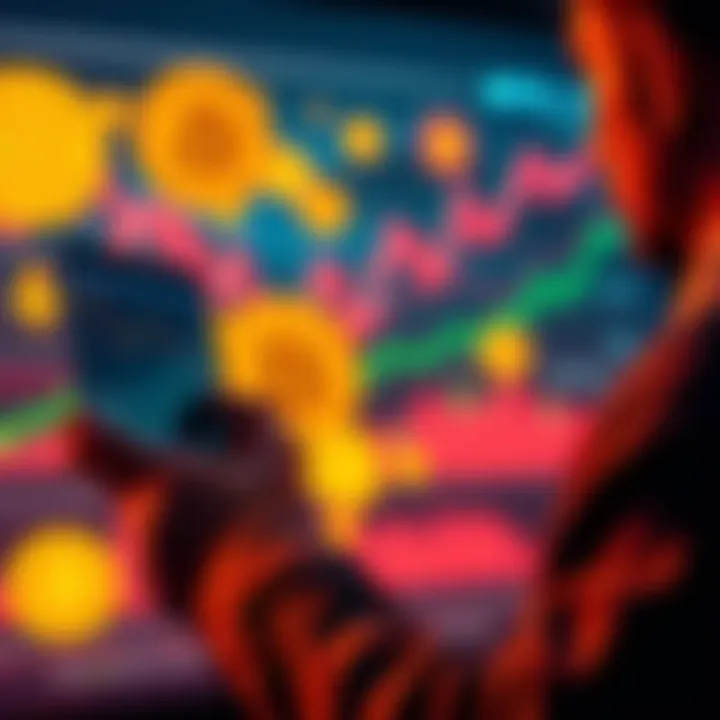 A person analyzing charts and graphs of BITX performance with Bitcoin symbols in the background, contemplating long-term investment strategies.