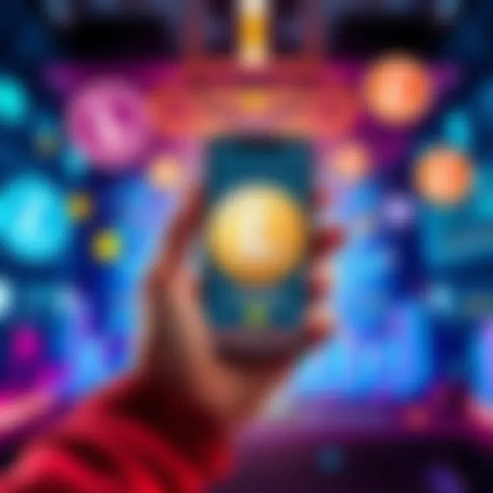 A person excitedly holding a digital wallet displaying Litecoin on their phone, surrounded by crypto-themed graphics.