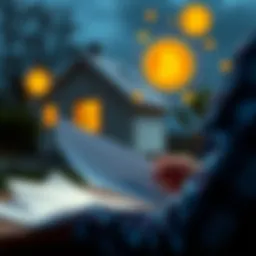 A person analyzing financial documents with a house and Bitcoin symbols in the background, contemplating a home loan for investing.