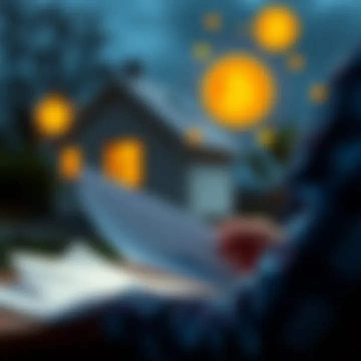 A person analyzing financial documents with a house and Bitcoin symbols in the background, contemplating a home loan for investing.