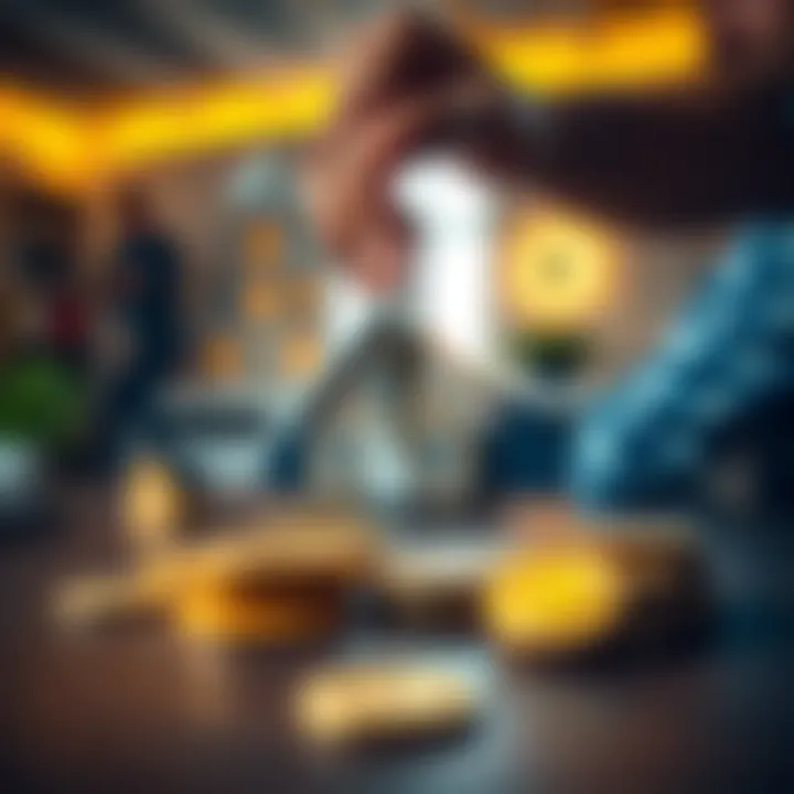 A person handing over a house key while Bitcoin coins are visible on a table, symbolizing a bold investment choice.