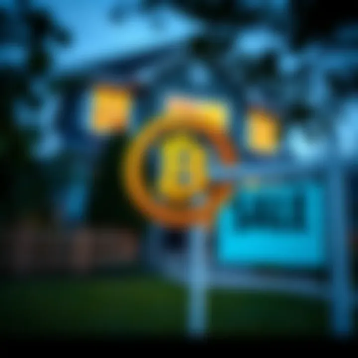 Home for Sale with Bitcoin Symbol A house for sale sign in front of a home, with a Bitcoin symbol overlay