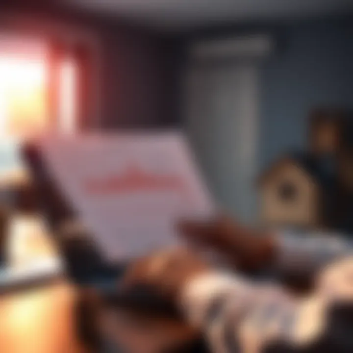 A person reviewing mortgage papers while looking at a declining home value chart on a laptop.