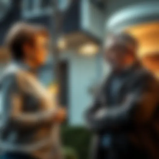 A homeowner talks to a neighbor about selling their house, both looking engaged in a serious conversation.