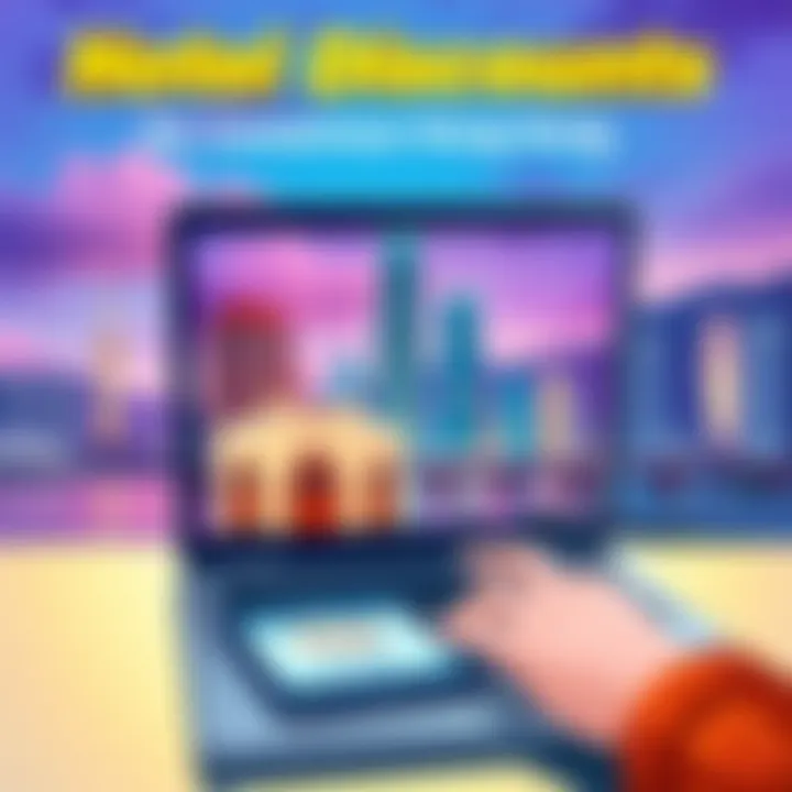 Illustration of a person booking a hotel on a laptop with a backdrop of Hong Kong skyline and hotel discounts displayed