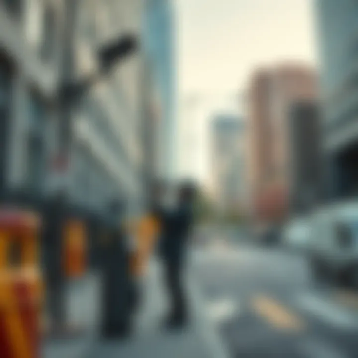 A person installing hotspot equipment on a city street, surrounded by buildings and technology.