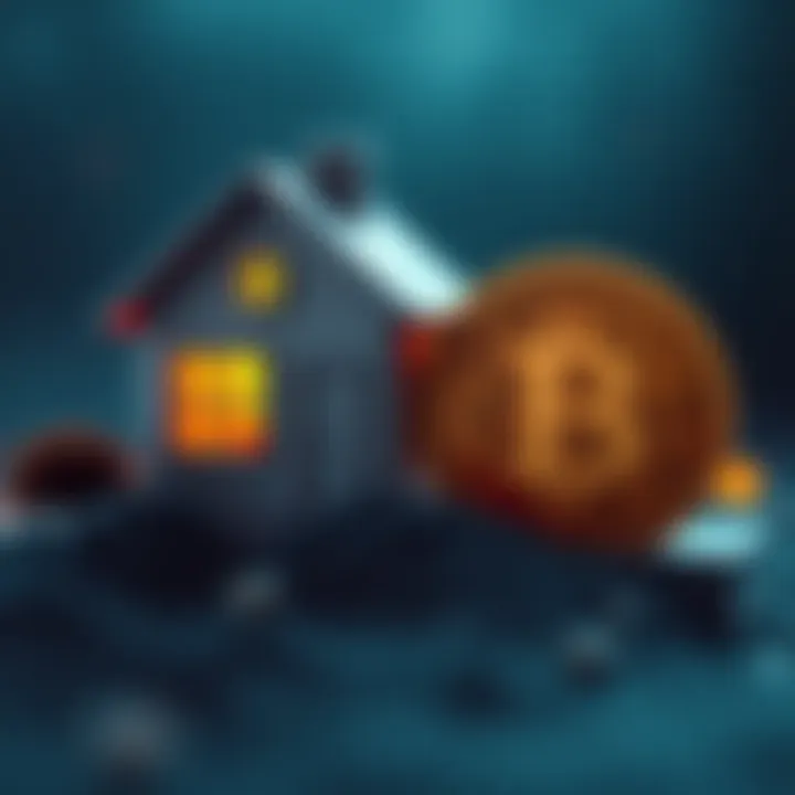 A house icon next to a Bitcoin symbol, representing the choice between buying a home and investing in cryptocurrency.
