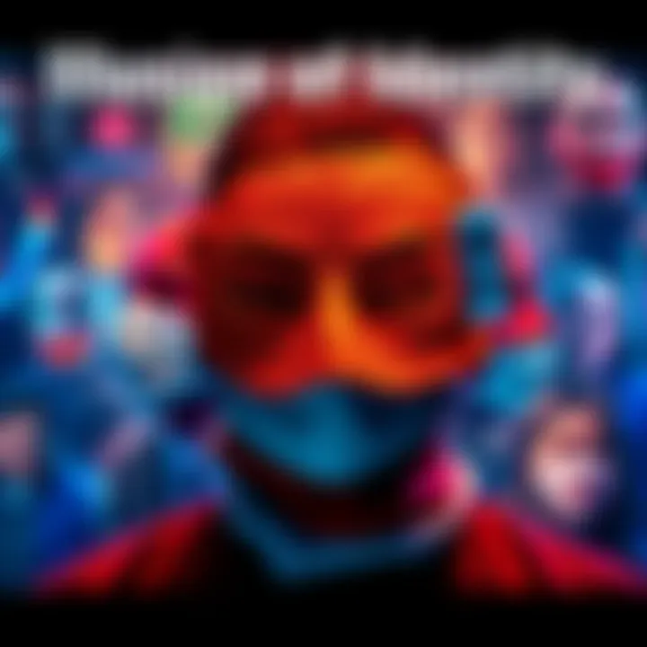 A digital collage depicting various online personas, showcasing masks and altered realities, symbolizing the deception in online identities.