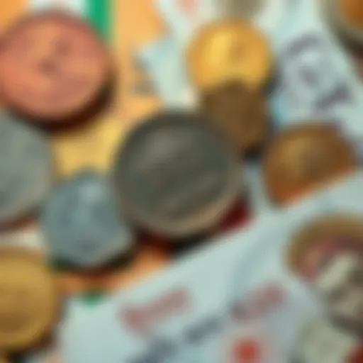 A collection of Indian coins and banknotes featuring national figures and symbols, showcasing heritage and culture.