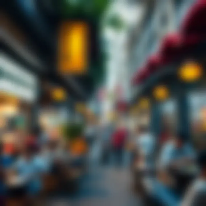 A bustling street in Indonesia showing people enjoying modern cafes alongside traditional markets, reflecting the blend of cultures.