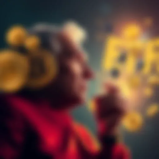 Investing Inherited Money A person contemplating cryptocurrency investment options with symbols of Bitcoin and Ethereum on one side and various altcoins on the other side, like ADA and DOT.
