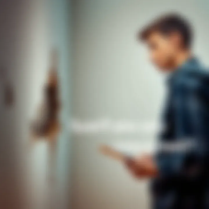A person examining a damaged wall with cracks and peeling paint, looking concerned while holding a clipboard.