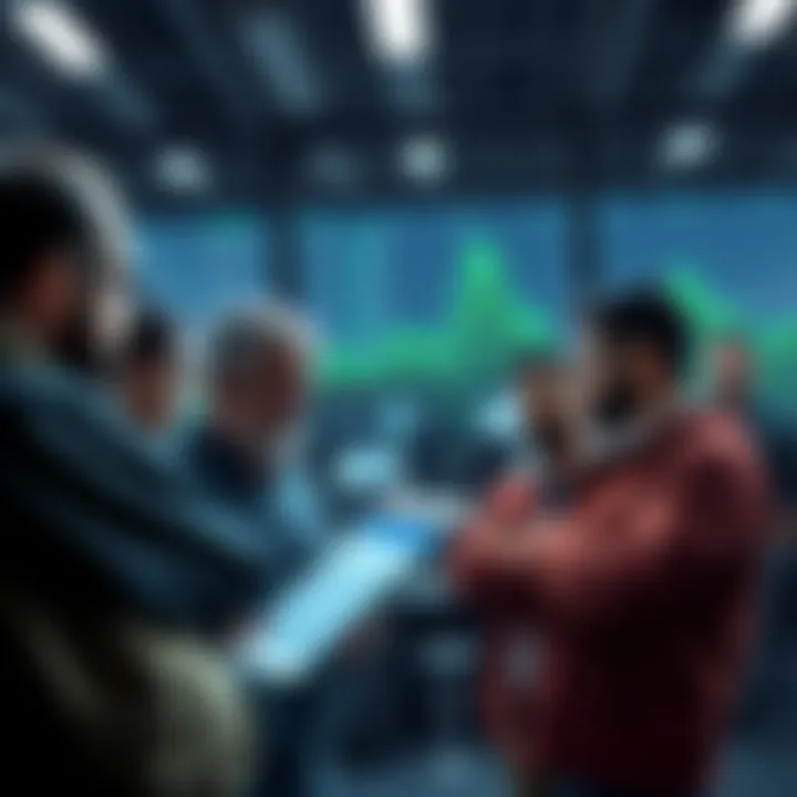 A group of institutional investors discussing while looking at Ethereum charts, contrasting with anxious retail investors in the background.