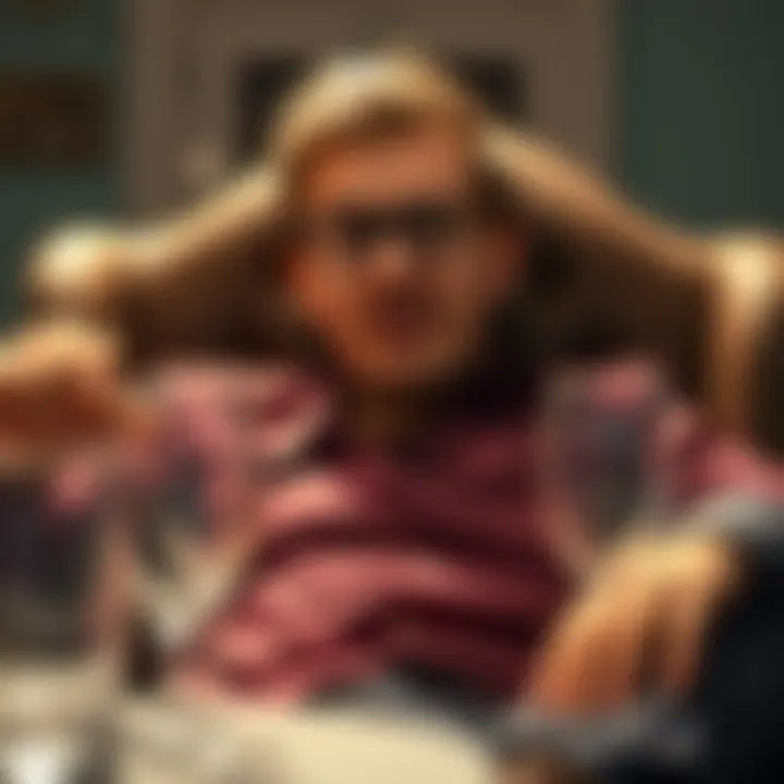 A man with an exaggerated smug expression lounges in a chair, surrounded by empty glasses and eye-rolling friends.