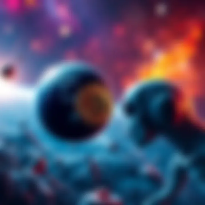 A futuristic depiction of a Bitcoin transaction between Earth and an alien civilization, showcasing the merging of digital currencies in a cosmic setting.