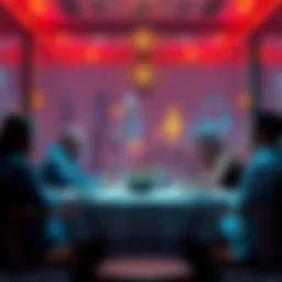 A cozy private dinner setting with a small group of people discussing NFTs at a table.