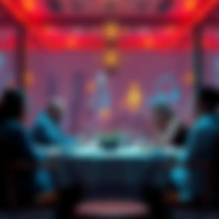 Intimate NFT Gathering A cozy private dinner setting with a small group of people discussing NFTs at a table.