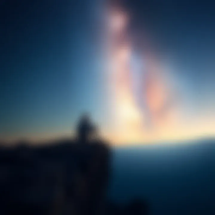 A person sitting on a cliff, gazing into a starry sky, representing deep thoughts and reflection.