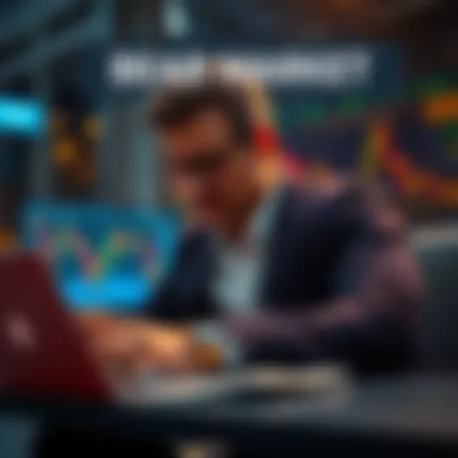A confident investor analyzing stock charts on a laptop, showing determination to accumulate assets despite market downturn.