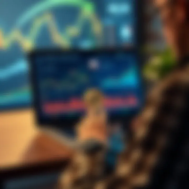 A person analyzing Litecoin trends on a laptop with cryptocurrency graphics on the screen