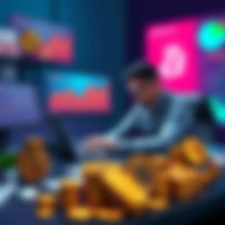 A person sitting at a desk with a laptop, analyzing charts related to digital currency investments, surrounded by symbols of bitcoin and stacks of coins.