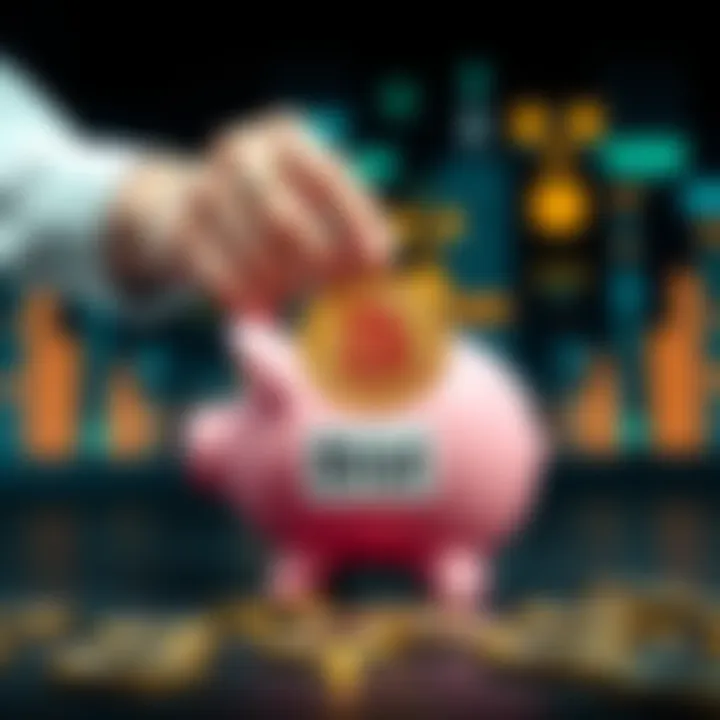 Investing in Bitcoin A person placing coins into a piggy bank labeled Bitcoin, representing monthly investments in cryptocurrency.