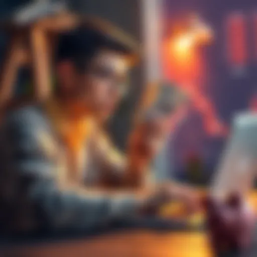 A young person analyzing Bitcoin trends on a laptop while holding dollar bills and a piggy bank, symbolizing investing in Bitcoin and an index fund.