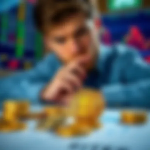 A person contemplating investment options with Bitcoin coins and ETF charts on a table.