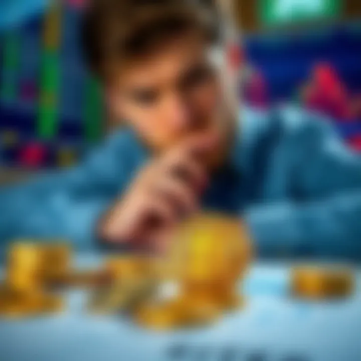A person contemplating investment options with Bitcoin coins and ETF charts on a table.