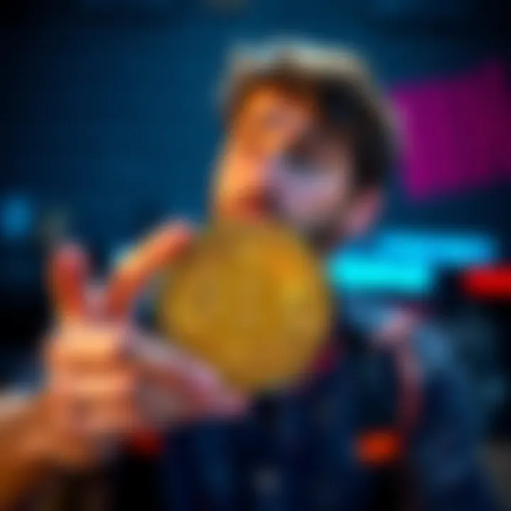 A person holding a $5,000 Bitcoin symbol with thoughtful expressions, considering investment options