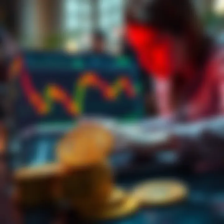A person analyzing cryptocurrency graphs on a laptop with Bitcoin coins in the foreground.