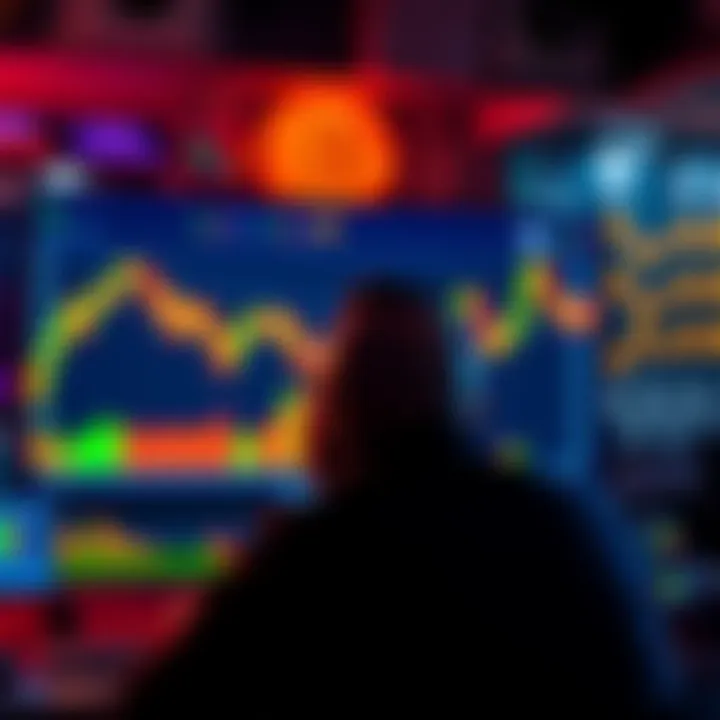 A person considering using their emergency fund to invest in Bitcoin with a graph showing a dip in prices on a screen.