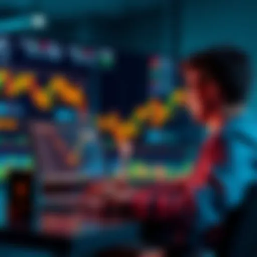 A person analyzing cryptocurrency trends on a laptop with charts of ETH and SOL in the background