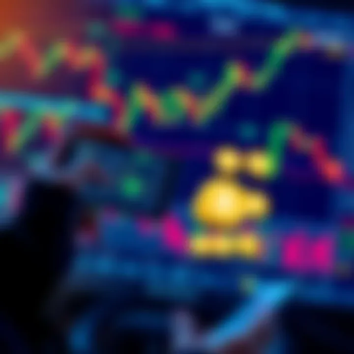 A person looking at cryptocurrency graphs and icons on a mobile screen, with a backdrop of financial charts.