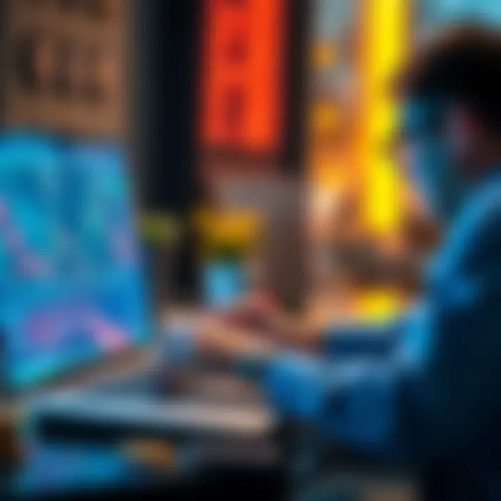 Investing in Cryptocurrency A person analyzing cryptocurrency trends on a laptop with charts and digital coins visible.