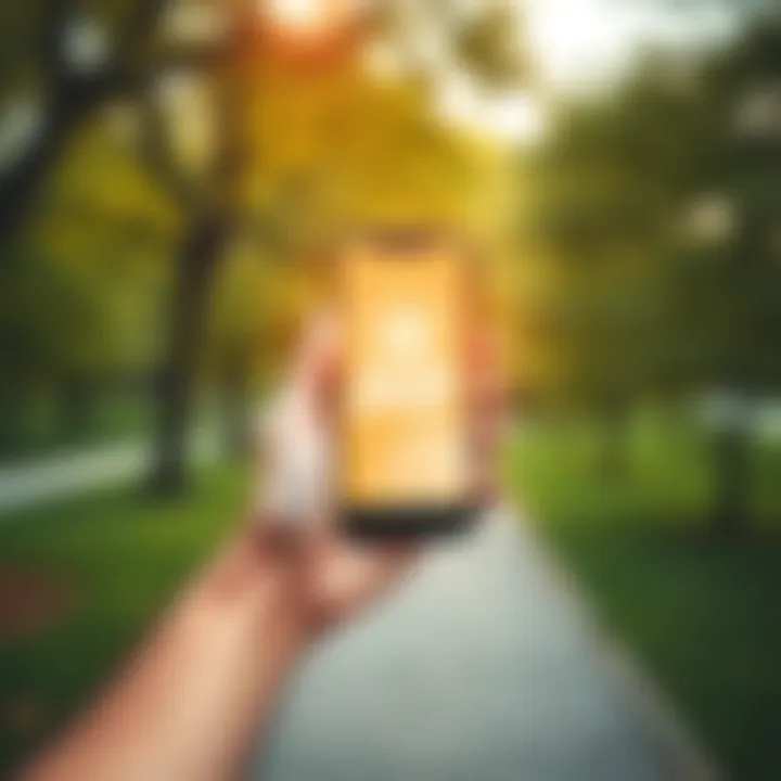 A person holding a smartphone displaying DOT cryptocurrency with a peaceful park in the background, symbolizing hope and transformation.