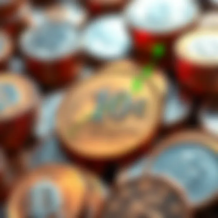 A collection of coins priced under 10 cents with a graph showing potential price growth, emphasizing investment opportunities.