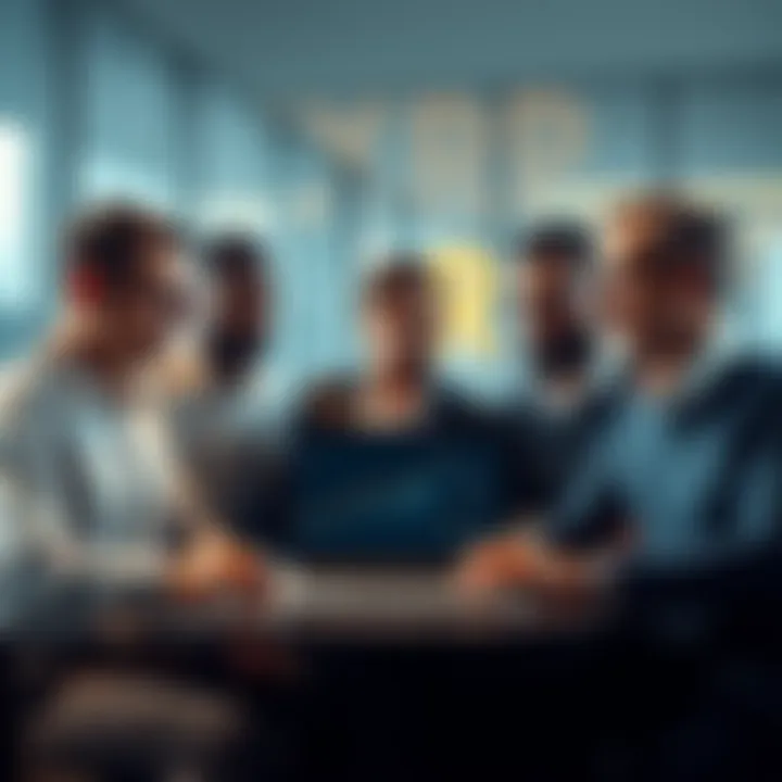 A group of diverse investors discussing XRP investment strategies with a laptop open showing charts and graphs