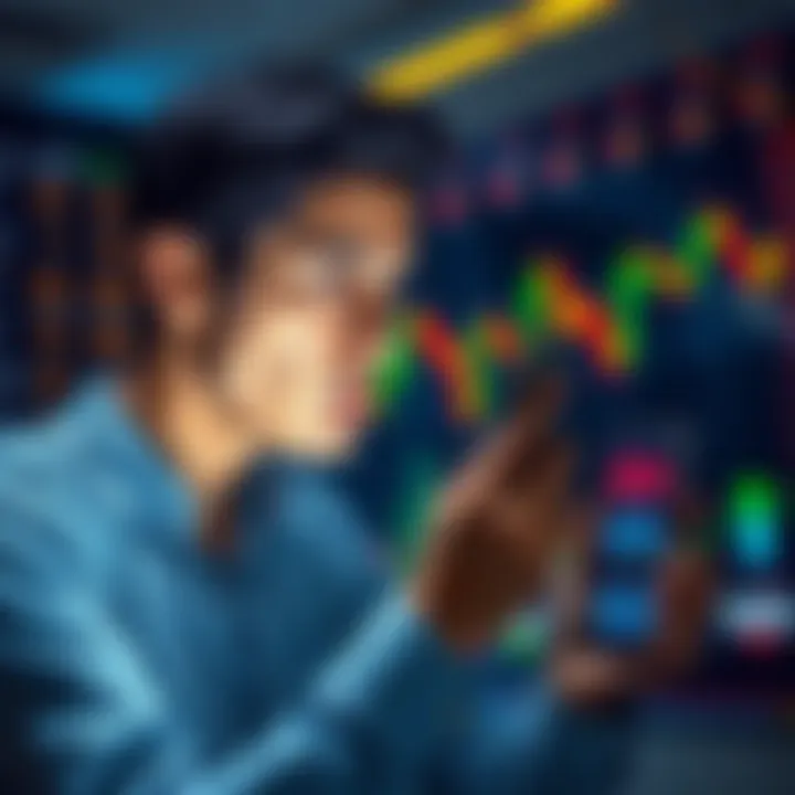Investment Decision Making A person looking at stock market charts with a concerned expression while holding a phone showing a 50% loss in investments.